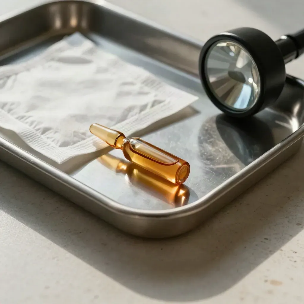 Macro dermatology tray with swab pack, amber ampoule and black examination light on travertine.