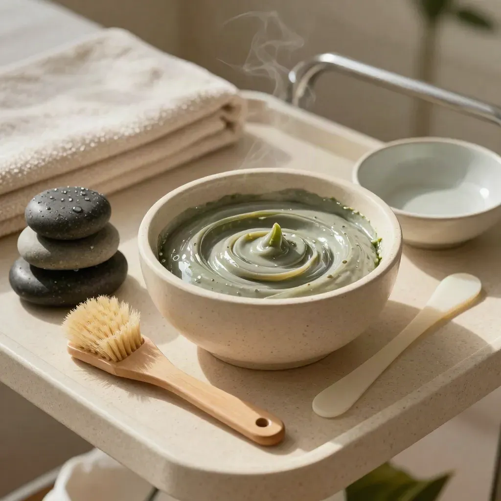 Facial bowl, fan brush, spatula and chilled stones on travertine with soft spa light.
