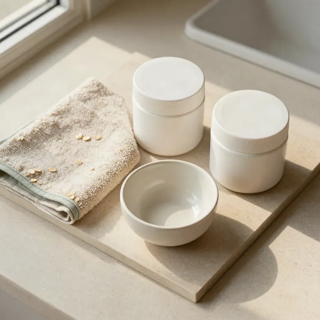 Overhead clinic flatlay with towel, sample pots and ceramic bowl on pale stone.
