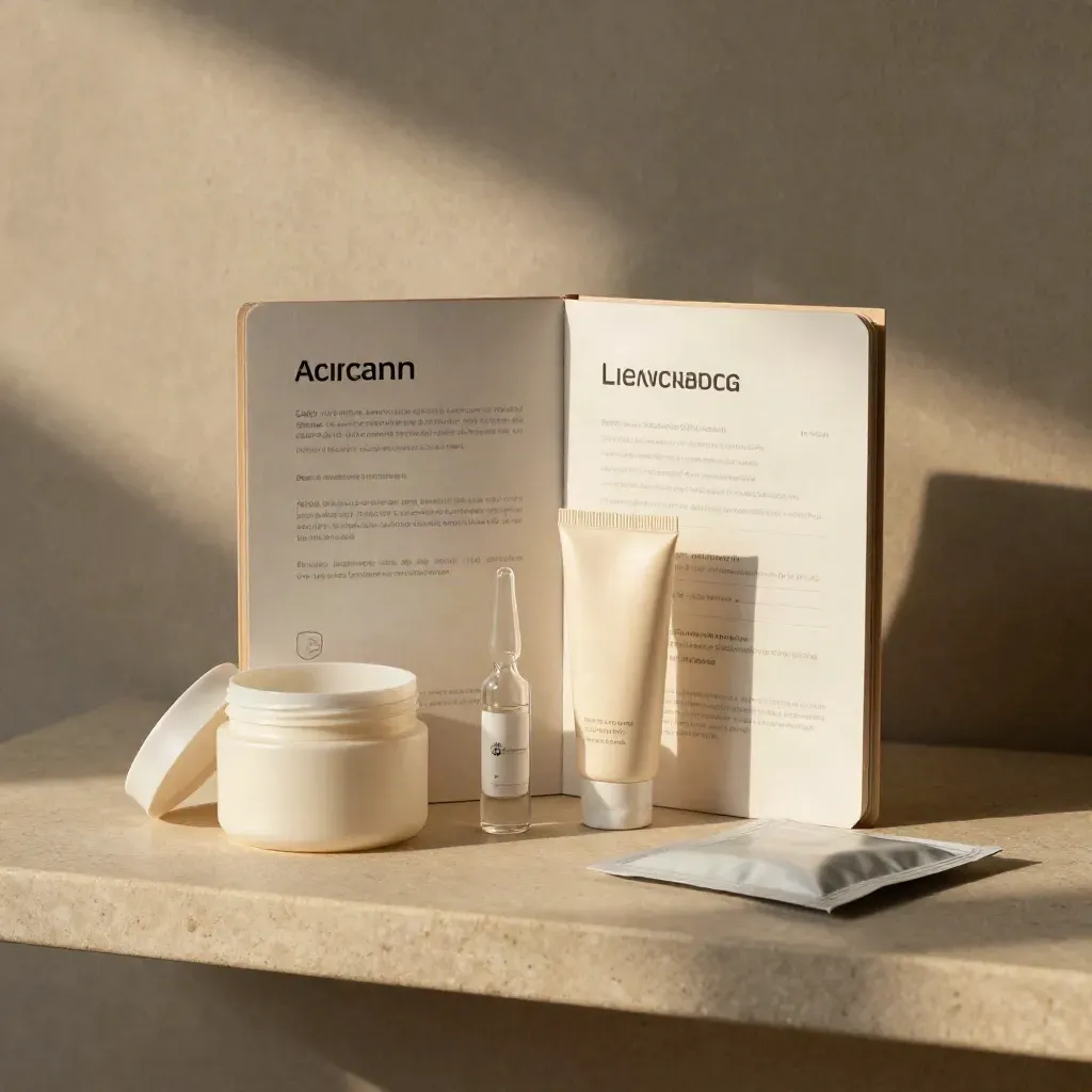 Aftercare skincare products on a stone shelf with a cream jar, serum, sunscreen and sealed pouch