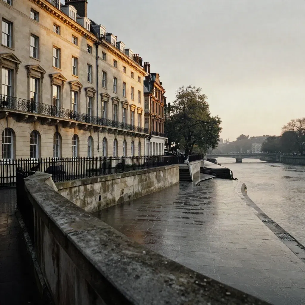 Amber dusk over Westminster terraces, river bridge, and calm wet embankment haze.