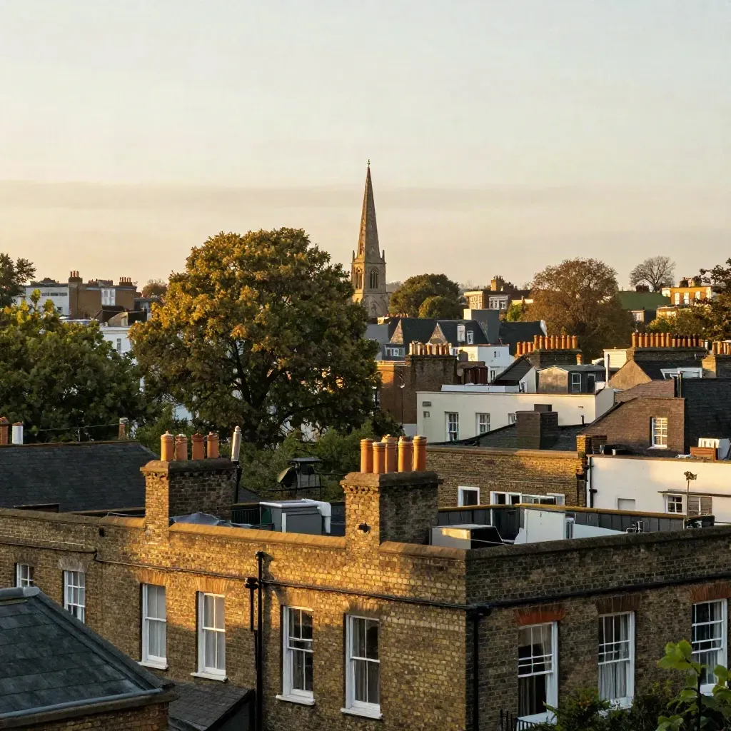 Golden South London rooftops with Dulwich plane trees, a church spire and hazy late-summer light.