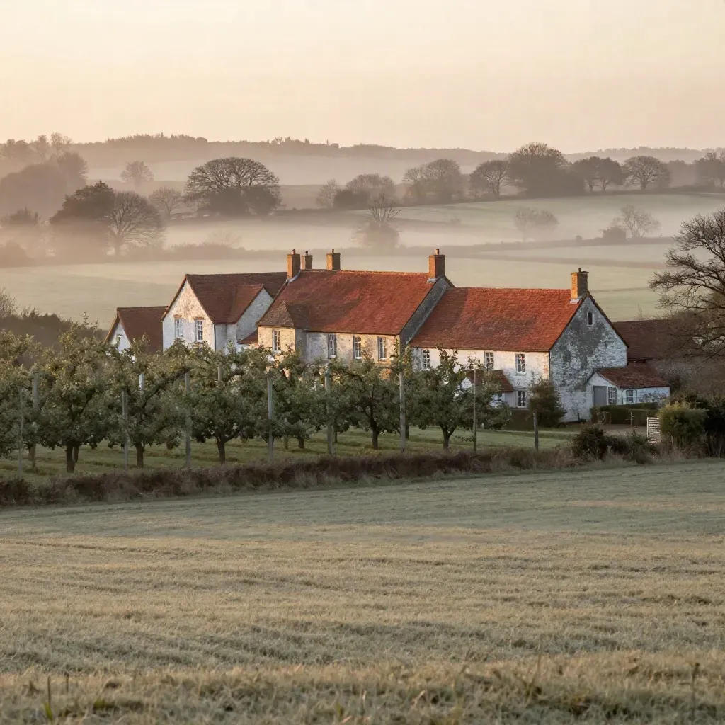 Orchard rows and oast house roofs in misty Kent at dusk