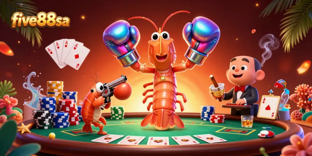 Engage in thrilling five88sa poker action with vibrant 3D shrimp characters and dynamic casino elements.