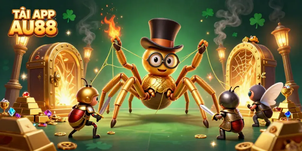 TẢI APP AU88 illustrated in a rich casino scene with a golden tarantula and beetle knight.