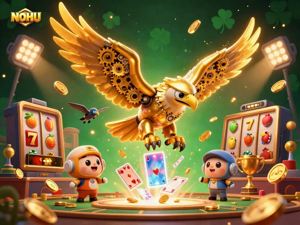 Experience thrilling 3D slot action with NOHU's vibrant eagle illustration amidst dazzling game elements.