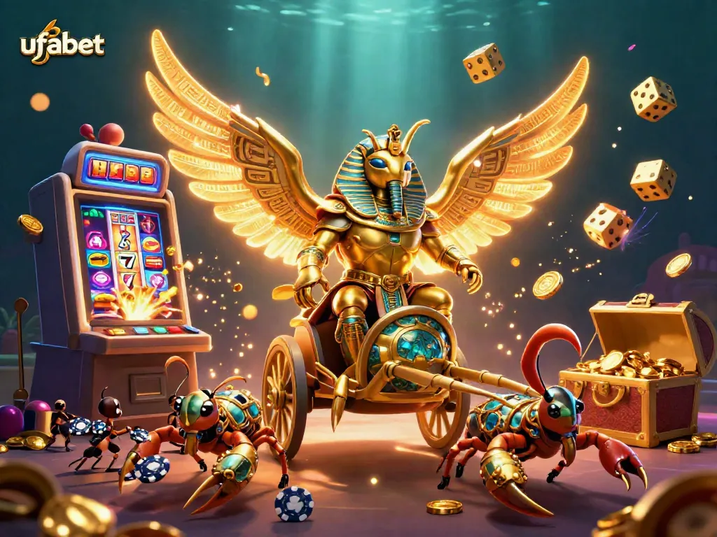 Experience ufabet's thrilling casino games with golden scarab beetle and jackpots exploding.