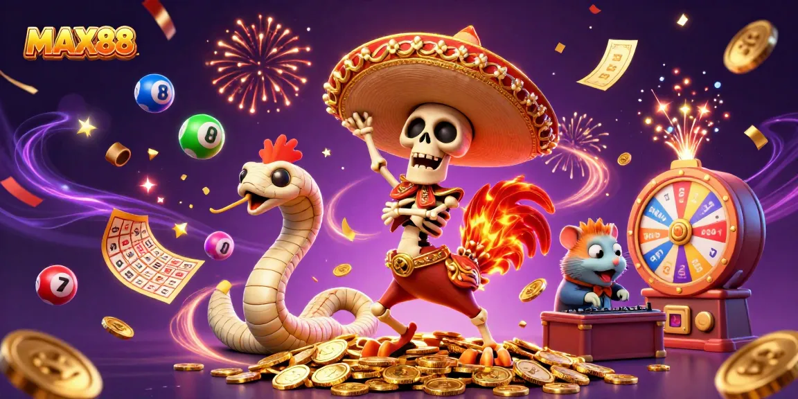 MAX88's vibrant casino scene with a dancing skeleton rooster, dynamic lottery elements, and energetic characters.