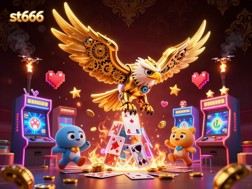 Experience thrilling action with the st666 cybernetic eagle amidst glowing games and casino elements.