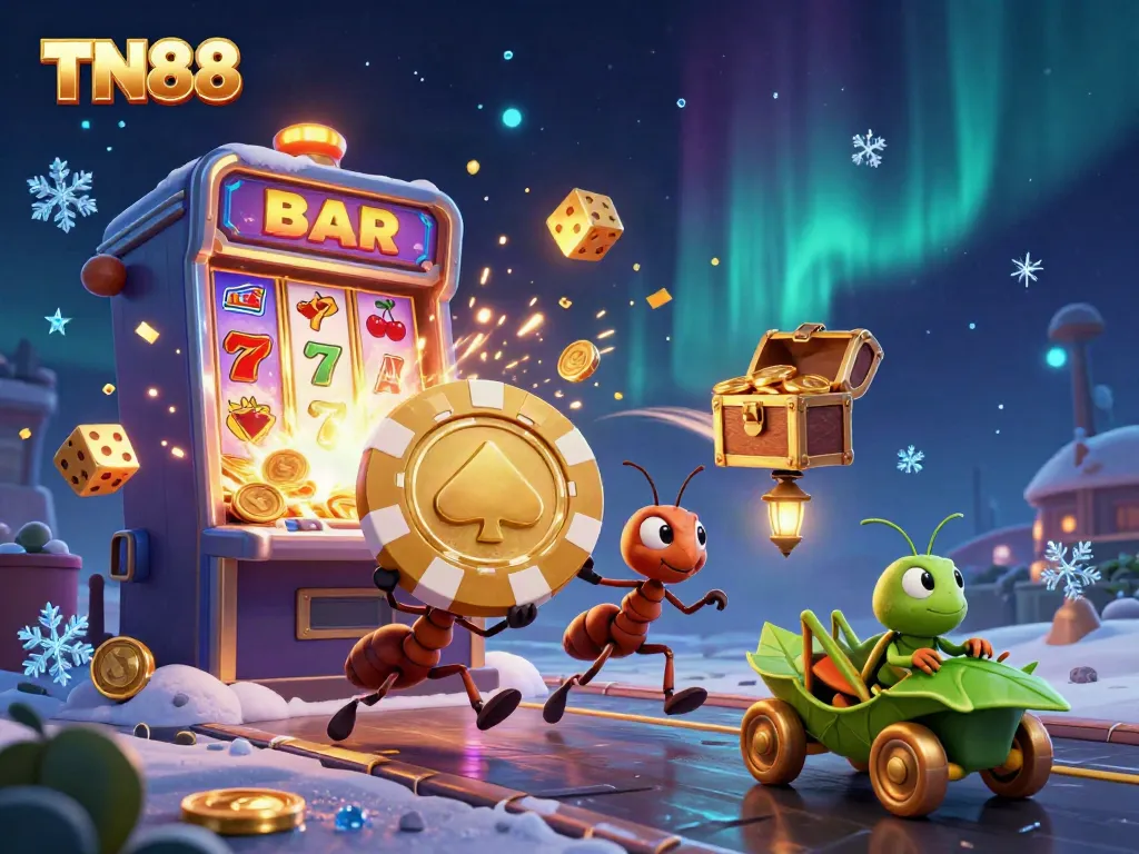 Engaging TN88 casino scene with ants carrying a poker chip amidst vibrant slot visuals and dynamic festive elements.