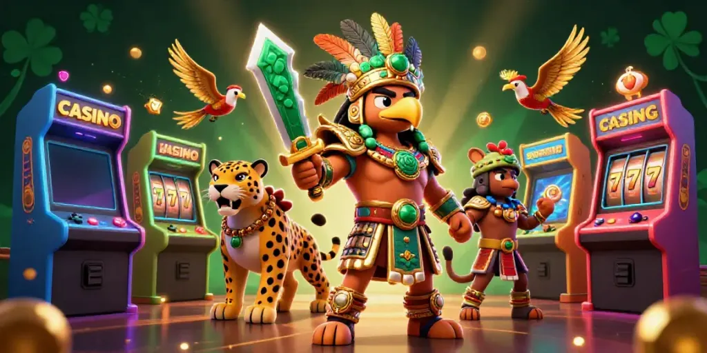 Engaging casino scene showcasing a vibrant 3D cartoon Aztec warrior eagle and jaguar with arcade elements and slot machines.