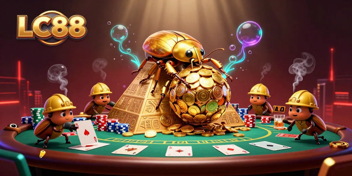 LC88 players engaging in a vibrant casino scene filled with golden coins and poker elements.