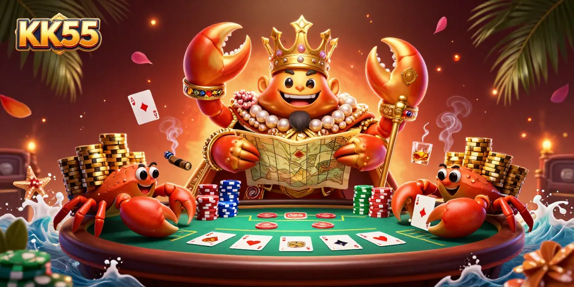 Engage with KK55's exclusive card games featuring a golden crab emperor amid vibrant casino elements!