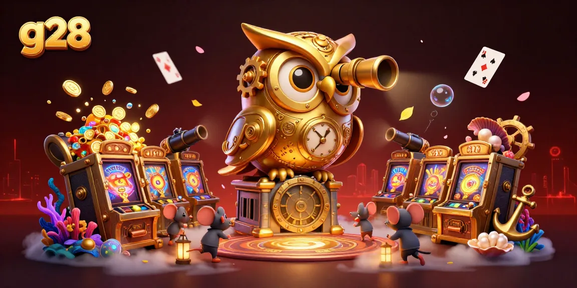 Experience thrilling gameplay at g28 with the golden owl watching over a vibrant casino scene.