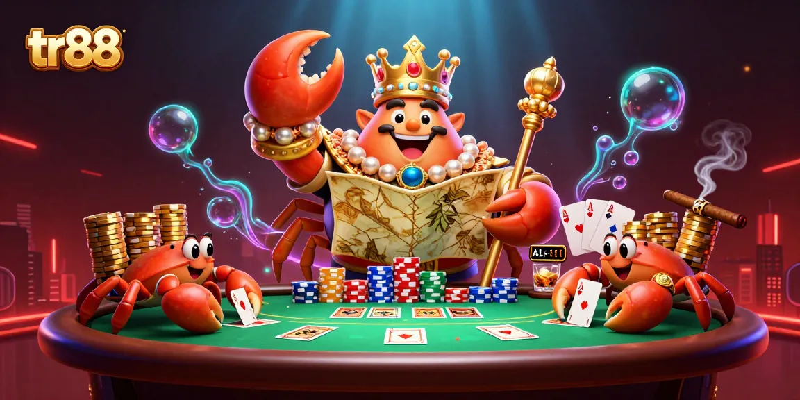 Engage in thrilling gameplay at tr88 with a vibrant scene showcasing a golden crab emperor and lively poker elements.