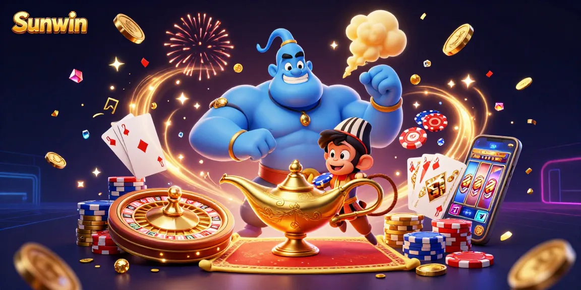 Engage in thrilling casino adventures with Sunwin's dynamic gaming experience featuring a genie and poker elements.