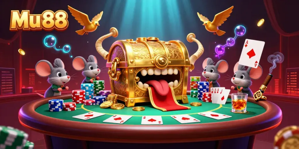 Engage with Mu 88's thrilling casino scene featuring poker tables, vibrant poker chips, and gold treasures.