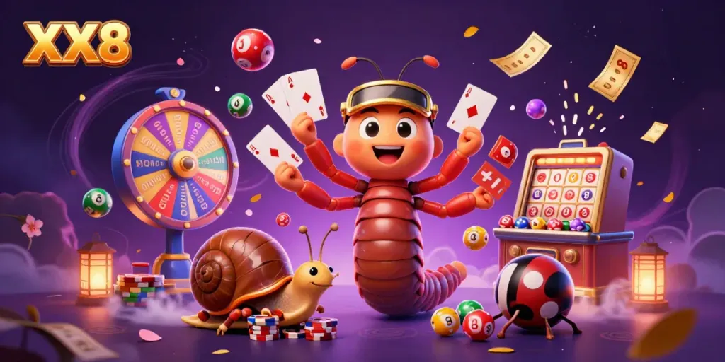 Experience the excitement of XX8 with a vibrant casino scene featuring unique characters and dynamic game elements.