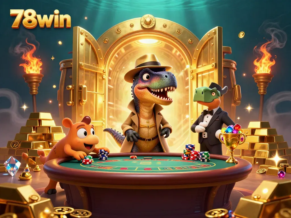 Engage in winning action with 78win's thrilling blackjack scene featuring playful dinosaurs.