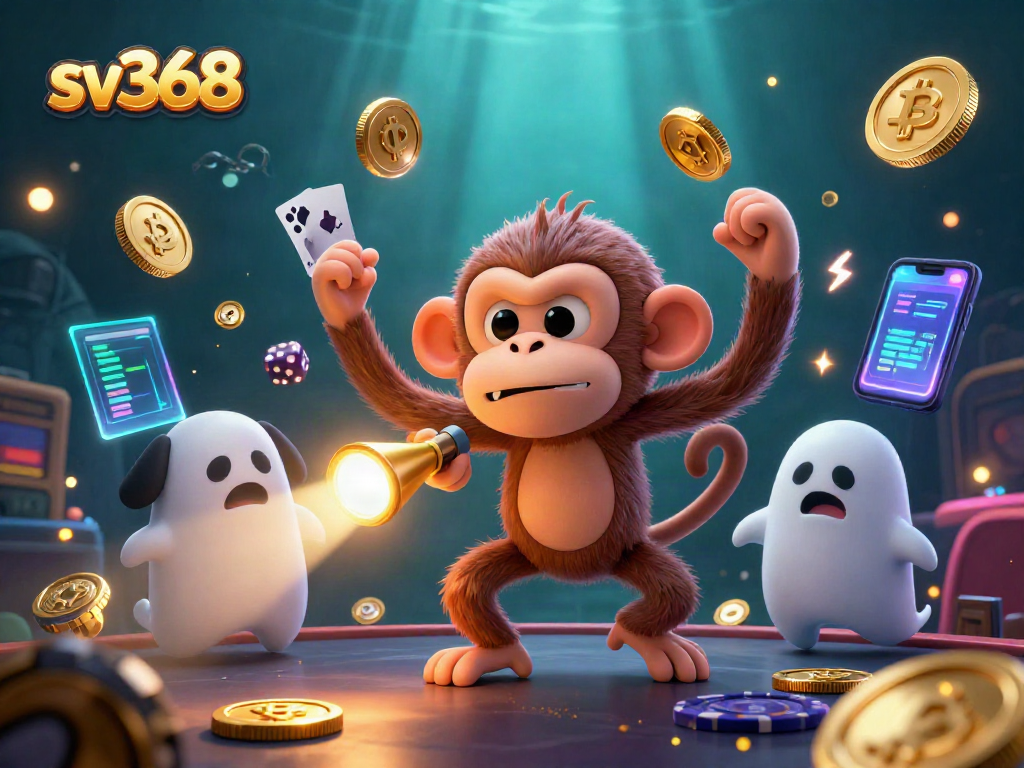 Experience sv368 excitement with playful characters in a dynamic casino scene featuring crypto-themed elements.