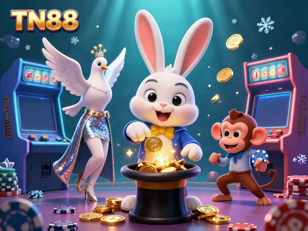 Experience the magic of TN88 with a magician pulling coins and vibrant casino elements.