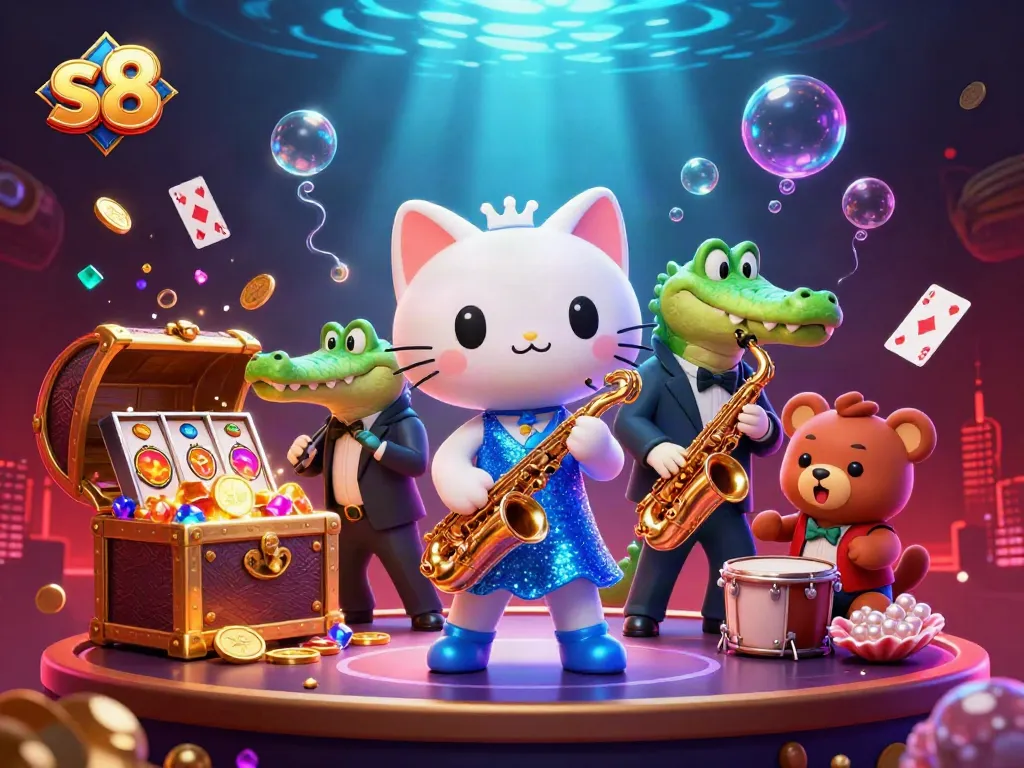 Engage with the lively s8 casino scene featuring a jazz-singer cat and colorful slot reels.