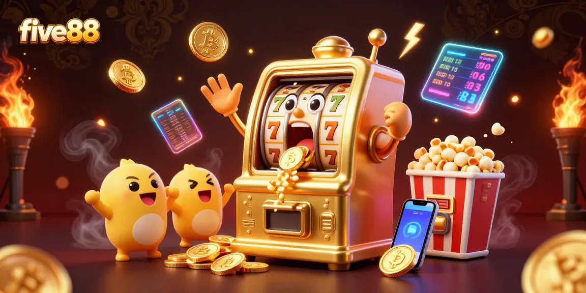 five88's exciting jackpot moment with a golden slot machine and cheering companions in a vibrant casino scene
