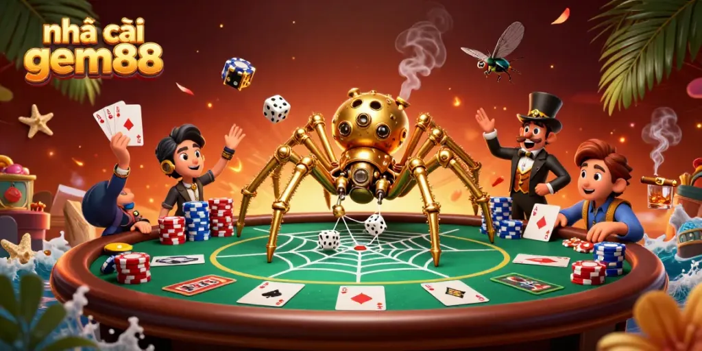 Experience excitement at nhà cái gem88 with a dynamic 3D casino scene, featuring a steampunk spider and poker elements.