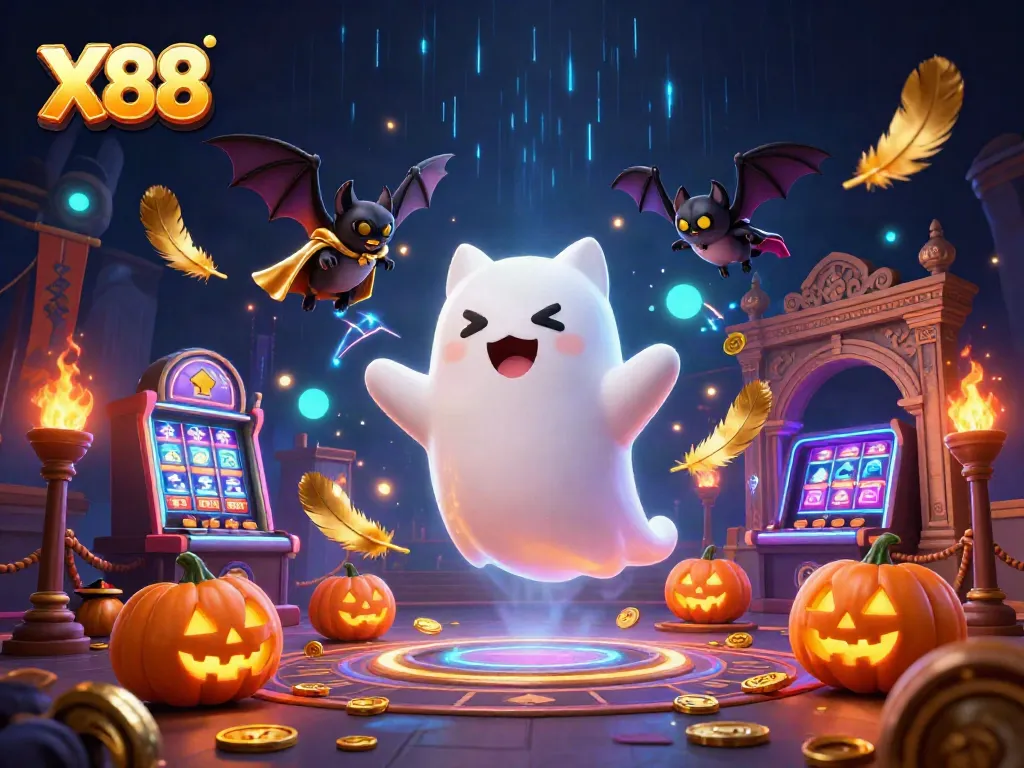 X88-themed vibrant 3D casino illustration with a floating ghost cat and vampire bat amidst glowing jack-o-lanterns