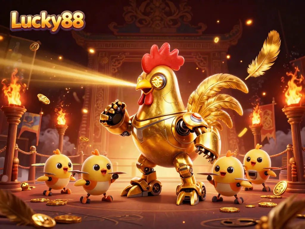 Experience vibrant gaming excitement at Lucky88 with a golden rooster robot and baby chick drones in a casino setting.