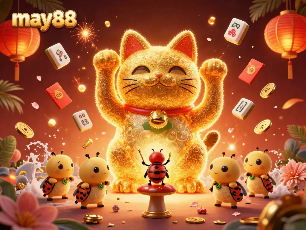Engage in thrilling gaming with may88's lucky cat symbolizing fortune and prosperity surrounded by vibrant casino elements.