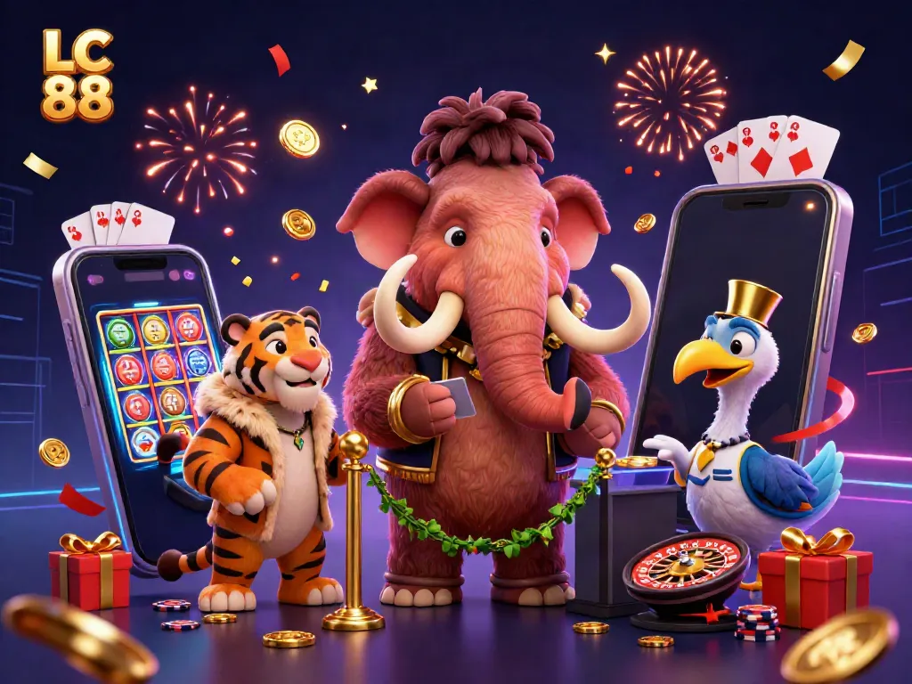 Experience the vibrant and dynamic scene at LC 88 casino with a whimsical bouncer and high-energy game elements.