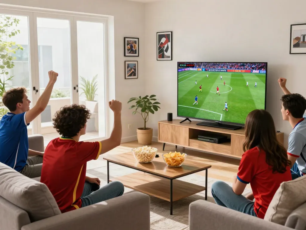 Fans enjoying a live Gavangtv football match in a vibrant living room.