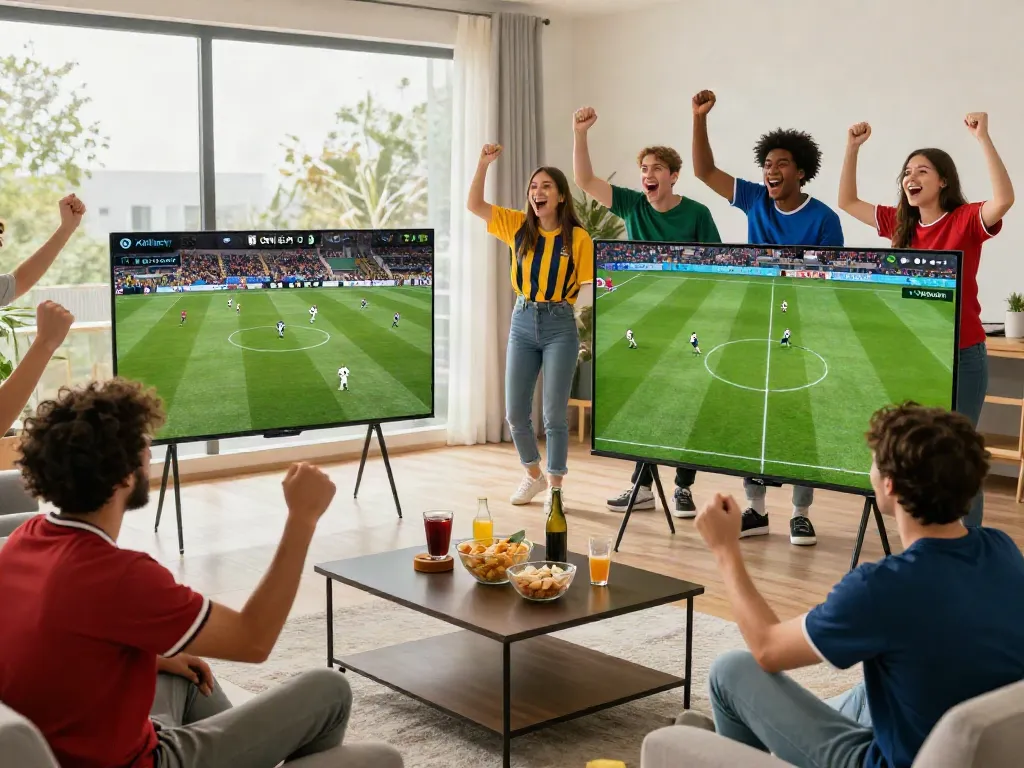 Excited friends enjoying a football match on Xoilactv platform in a lively living room.