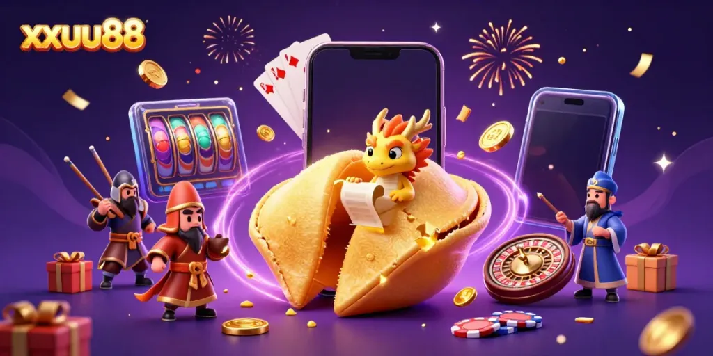 xxuu88 celebrates with a dynamic 3D casino scene of a golden fortune cookie, dragon, and slot game excitement.