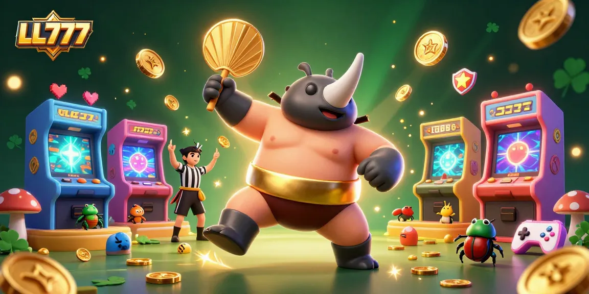 Experience big wins with LL777 as a beetle sumo champion stomps golden coins in a vibrant casino scene.