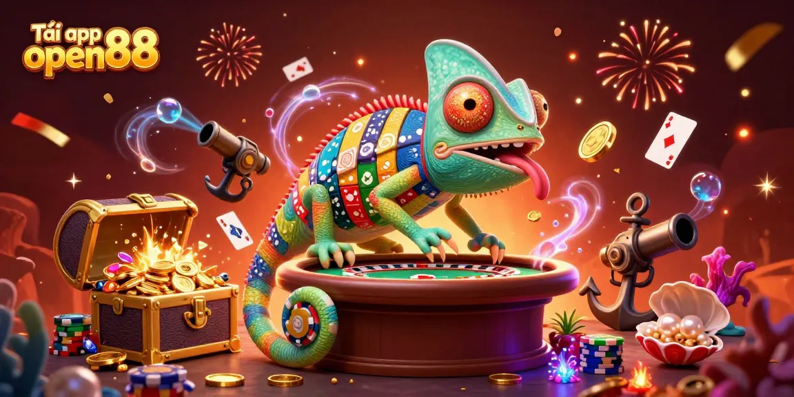 Play and win with Tải app open88, illustrated with vibrant casino elements and a dynamic chameleon character.