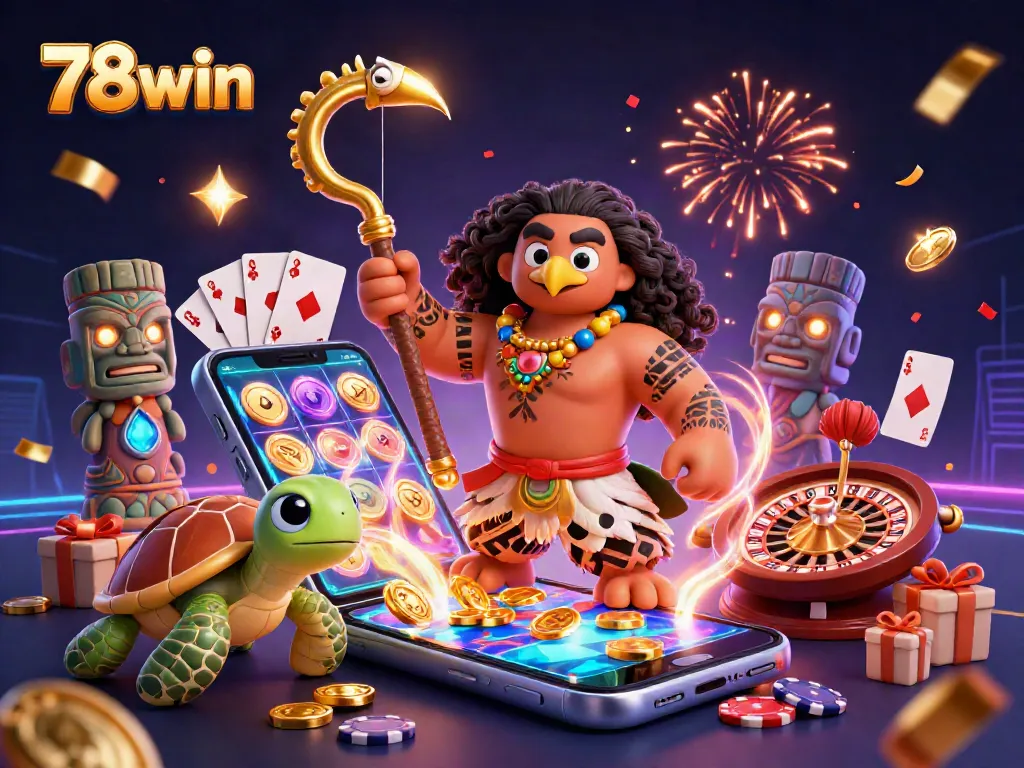 Experience the thrill of 78win with engaging slot games and festive elements in a vibrant 3D scene.