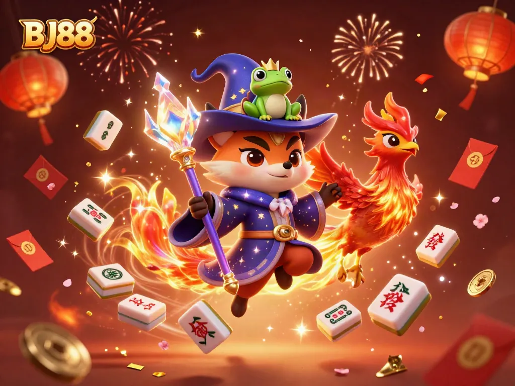BJ88 offers a dynamic online casino experience with a magical atmosphere featuring gaming symbols and mystical elements.