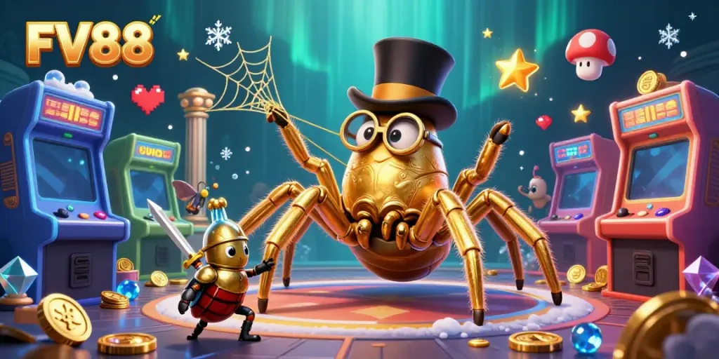 Experience FV88 in this vibrant 3D scene featuring a golden tarantula and beetle knight in a lively casino.