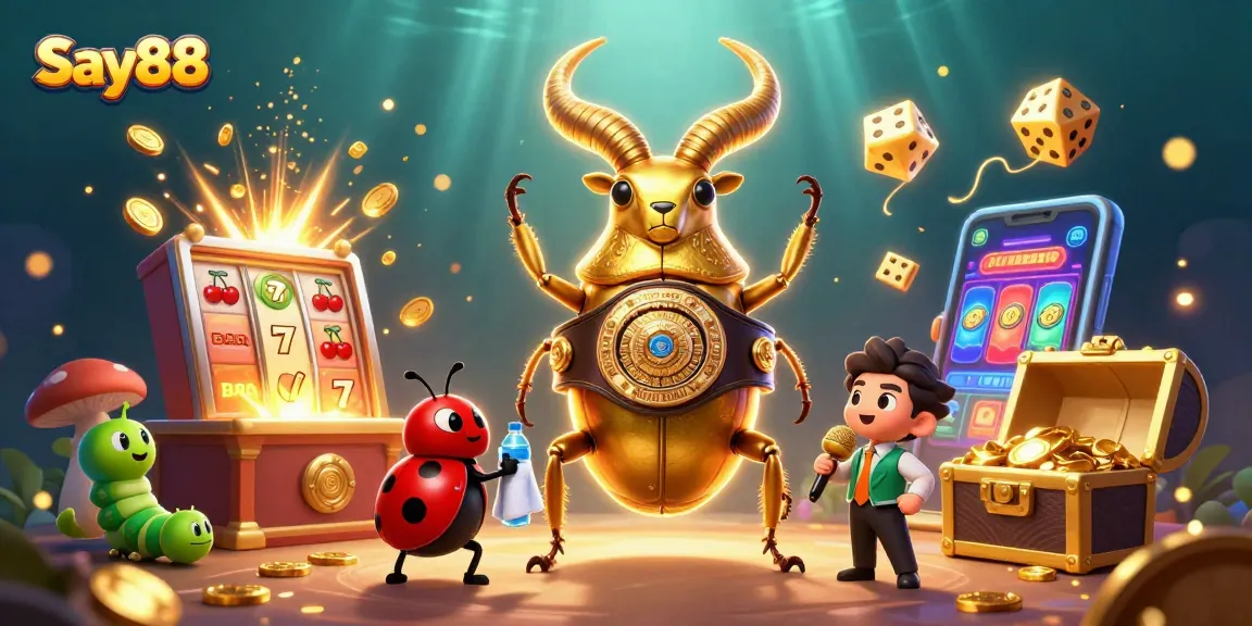Experience thrilling action at Say88 with a giant golden stag beetle and lively casino elements.