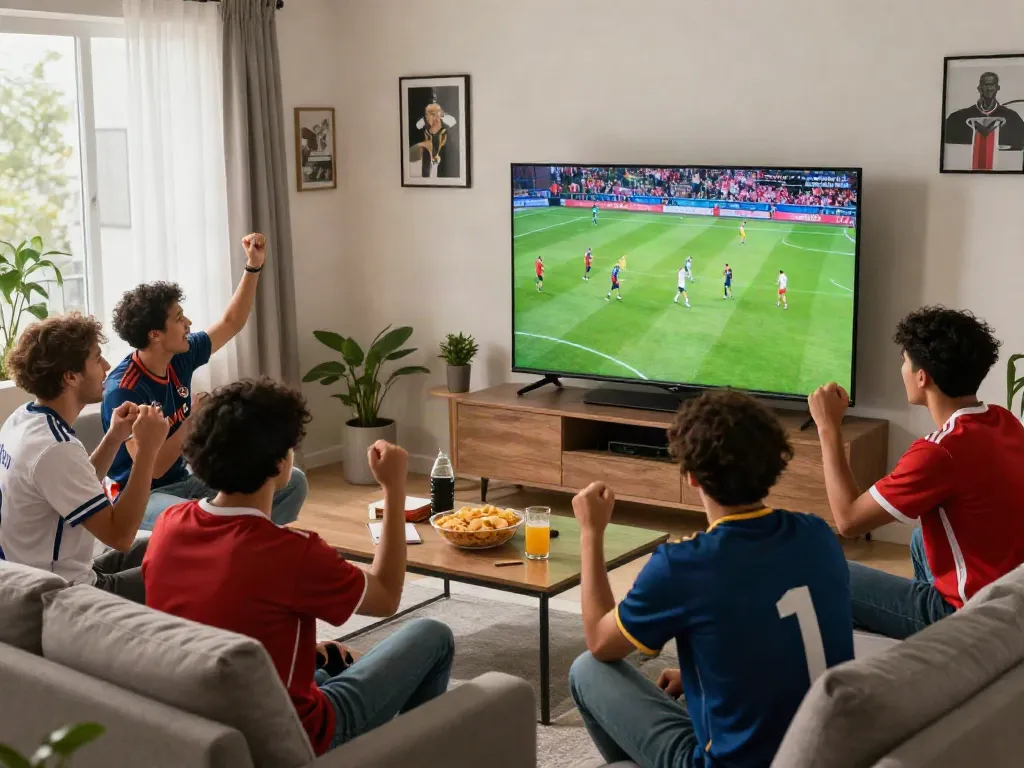 Fans enjoying Thapcamtv live football matches in a lively living room setting.