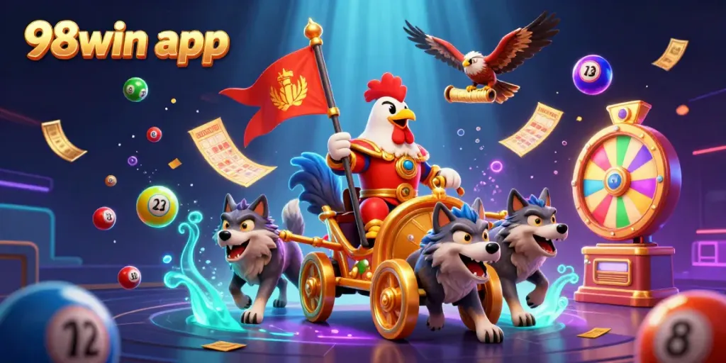 Engage with the 98win app circus of colorful lottery balls and energetic 3D characters in a vibrant casino setting.