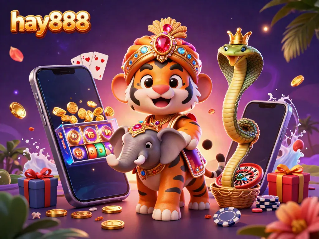 Experience thrilling gaming with hay888, a vibrant illustration featuring a maharaja tiger, jewels, and slot games.