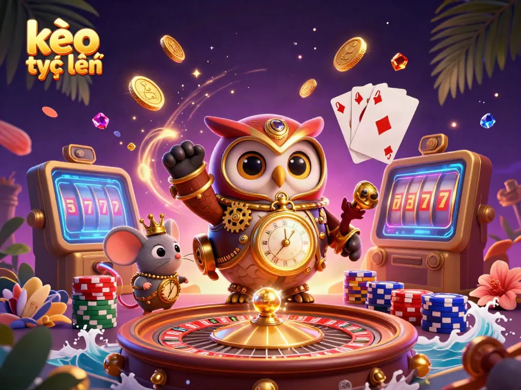 Engage with kèo trực tuyến as an owl and mouse explore a vibrant casino scene, filled with games and riches.