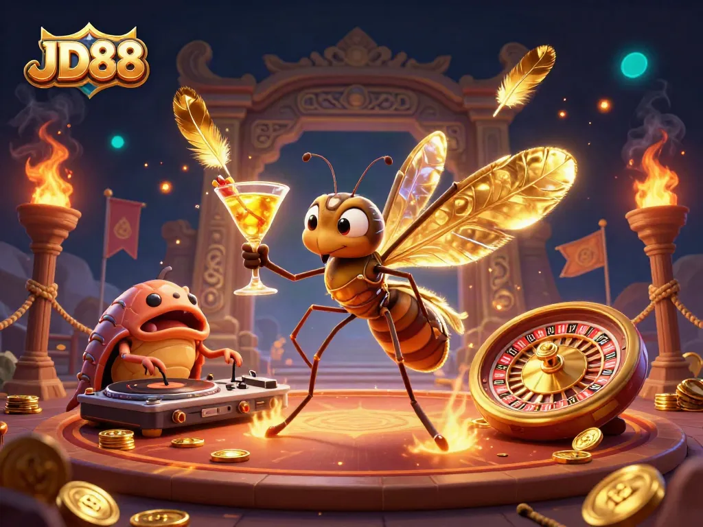 Experience winning at JD88 with a lively casino scene featuring unique characters and vibrant gambling elements.