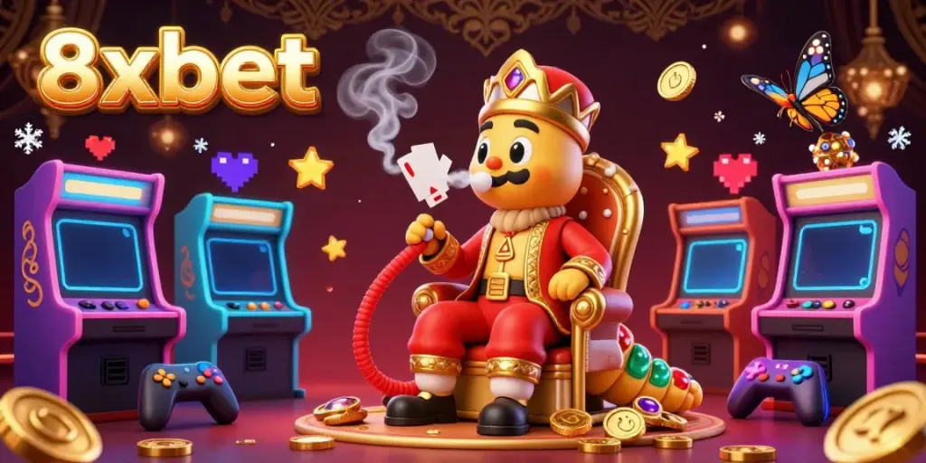 Experience the vibrant world of 8xbet with a whimsical 3D casino illustration featuring a hookah-master and gaming elements.