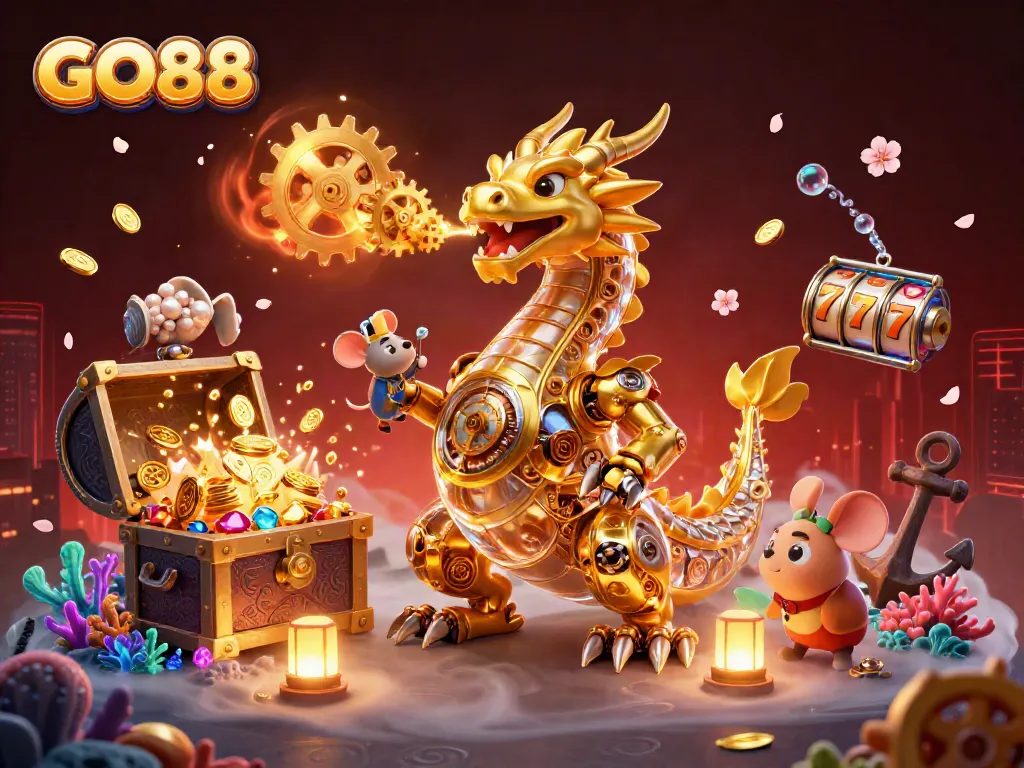 Engage with GO88's thrilling wins in a dynamic scene with vibrant slot elements and a golden dragon.