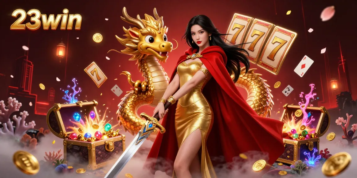 Experience the thrill of 23win with vibrant casino elements and a mesmerizing warrior queen.