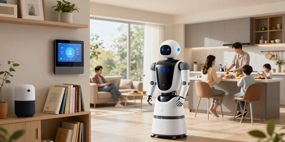 Home robot assisting in household chores in a modern smart home living room